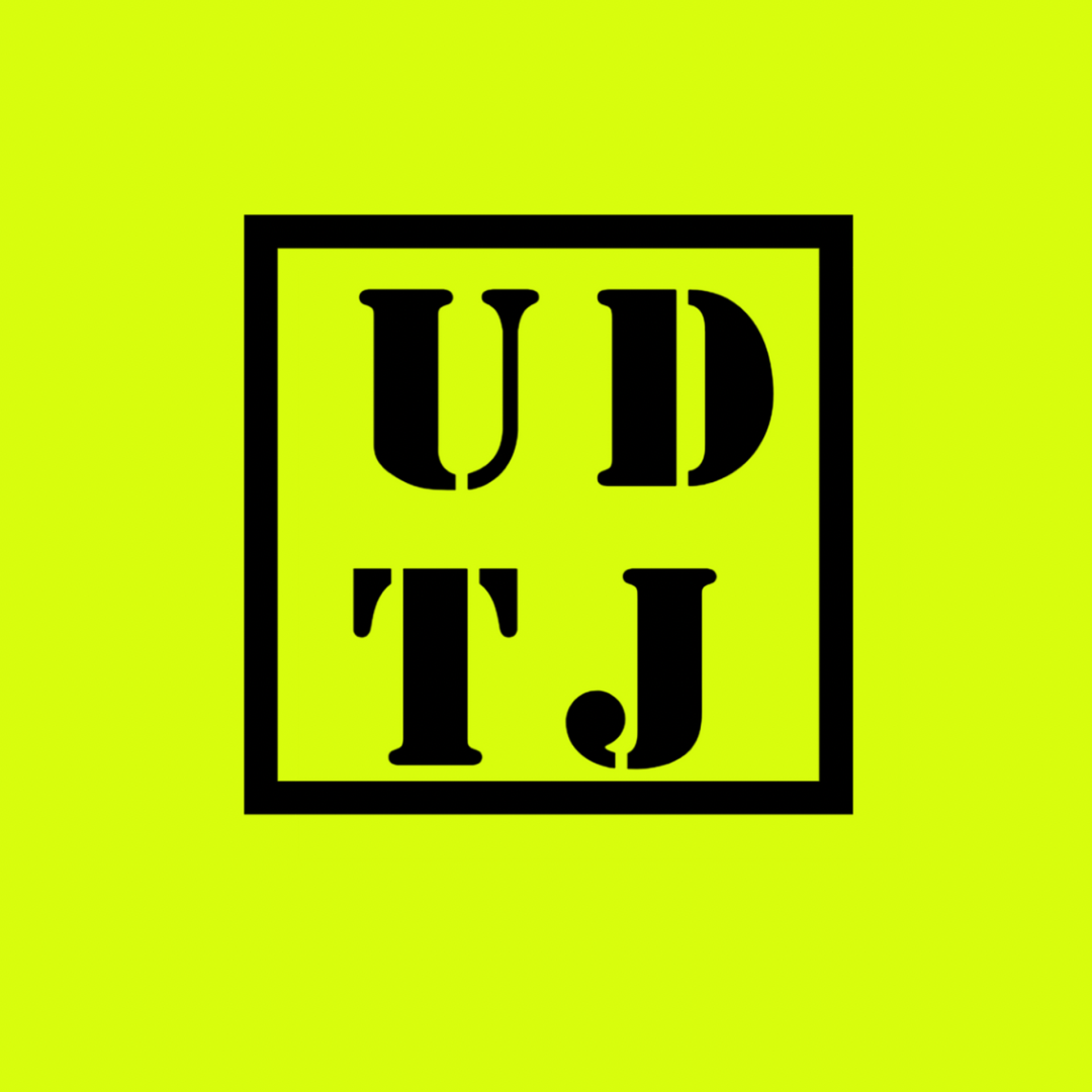 A neon green background has the letters UDTJ overlaid on top of it